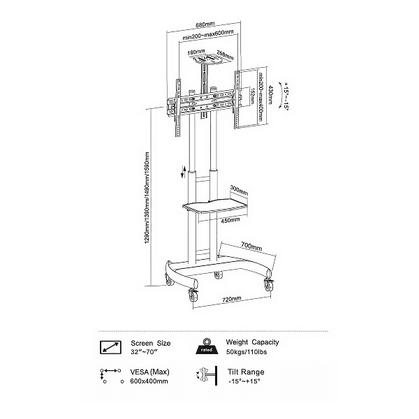 Soporte de TV 32” a 70” ajustable en altura y ruedas – imagen 6